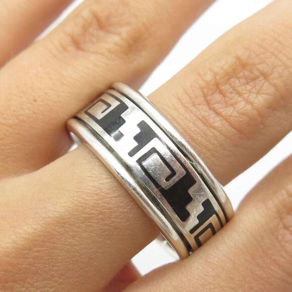 925 Sterling Silver Vintage Mexico Enamel Maze Movable Band Ring Size 13.25 - Picture 1 of 5